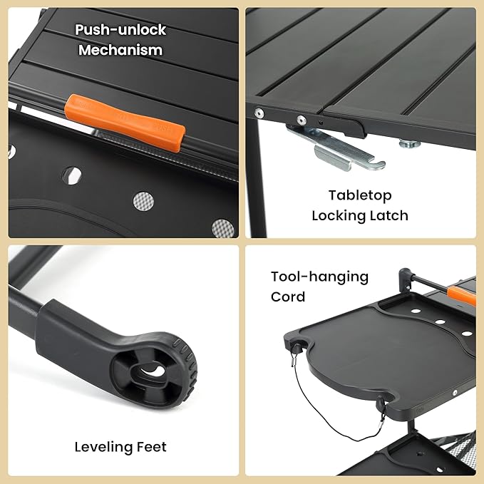 ARROWHEAD OUTDOOR 54" Wide Quick Folding Kitchen Station with Add-on Windscreen, 4 Side Tables, Aluminum Tabletop, Tool-Hanging Cord, 154 LBS Max Weight Load, for Patio BBQ and Camping