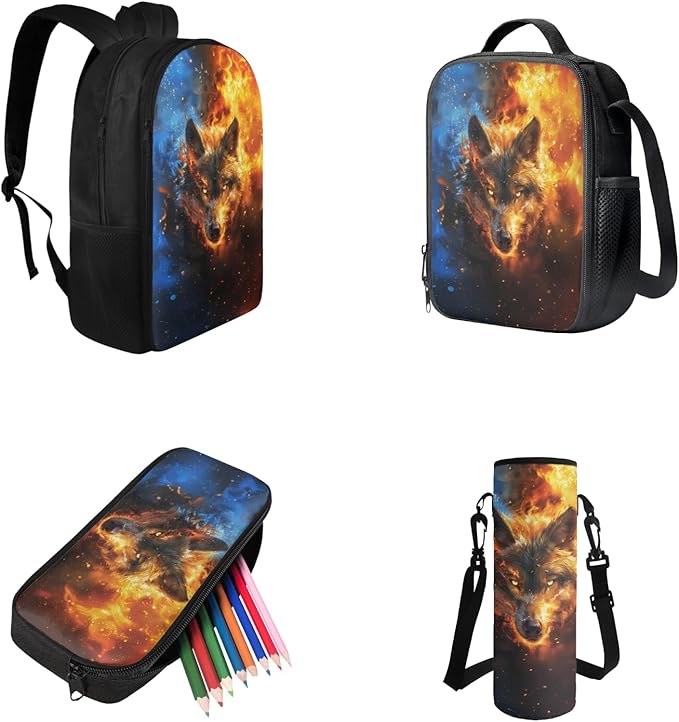 Wolf Backpack for School Boys Back to School, 4th Grade Boys Backpack 4 Piece Set Lunch Box Lightweight Pencil Case Water Bottle Holder Bookbag Accessories Sets