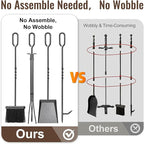 Amagabeli 5 Pieces Fireplace Tools Sets Wrought Iron Indoor Fireplace Set with Poker Tongs Broom Shovel Stand Fire Tools Outdoor Rustic Fire Poker Set Fire Place Hearth Accessories Sets Antique Pewter