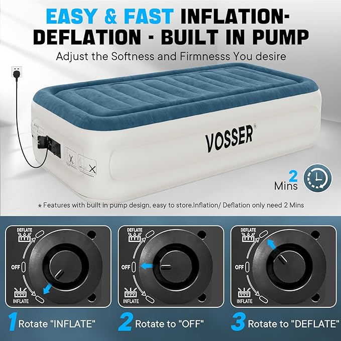 Twin Air Mattress with Built-in Pump,Fast & Easy Inflation/Deflation Inflatable Mattress, Foldable Blow Up Mattress with Storage Bag, Inflatable Bed for Home, Camping & Guests
