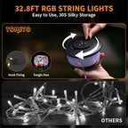 2-Pack Camping String Lights, 3 in 1 Upgraded Retractable RGB Outdoor String Lights with 19 Lighting Modes, Quick 30s Recovery, 32.8 FT Portable Tent Light, Rechargeable Camping Lantern (Black)