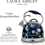 VQ Laura Ashley Elveden Navy 3L Stainless Steel Tea Kettle Stovetop Whistling Teapot for Induction, Gas Hob or others. Silicon Coated Cool Handle & Push Button Mechanism Vintage Stove Top Kettle