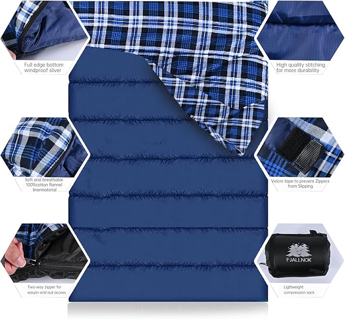 Double Sleeping Bag Cotton Flannel for Camping, Backpacking Or Hiking. Queen Size 2 Person Waterproof Sleeping Bag for Adults Or Teens. Lightweight with Compression Sack