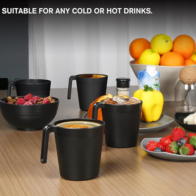 Ribbed Drinking Glasses Coffee Mugs Set of 8, Plastic Coffee Cups 16.9 OZ Unbreakable Tumblers with Handle, Reusable Drinking Cups for Camping/Dorm/RV