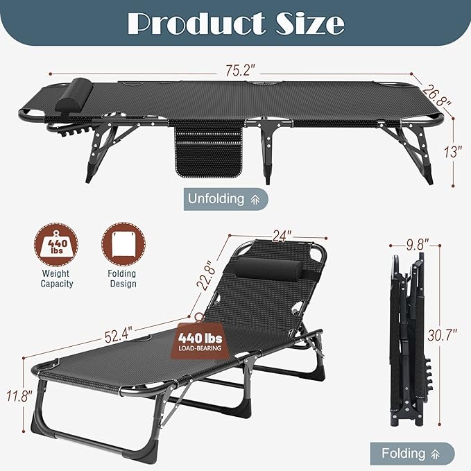 DoCred Heavy Duty Chaise Lounge Chair, Adjustable 5-Position Folding Chaise Lounge Chairs for Outside, Portable Lay Flat Beach Lounge Chair for Outdoor Sunbathing Beach Pool Lawn Camping