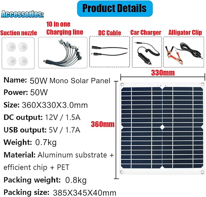 50W Portable Solar Panel Kit with 3000W Inverter, USB Port & 50A Controller - Ideal for Camping, Picnic, and Emergency Power Supply (DC12V-AC110V/220V)