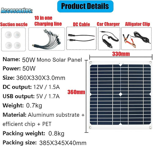50W Portable Solar Panel Kit with 3000W Inverter, DC12V to AC110V/220V, USB Port, 50A Solar Controller - Ideal for Camping, Picnics, Emergency Power Supply