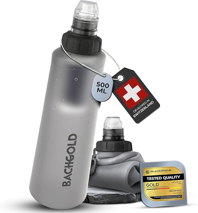 Water Filter Camping – Bachgold Foldable Squeeze Portable Water Filter for Hiking, Backpacking & Emergency Use | Ultralight Outdoor Filtration Bottle, Swiss Design