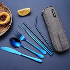 Portable Stainless Steel Flatware Set, Travel Camping Cutlery Set, Portable Utensil Travel Silverware Dinnerware Set with a Waterproof Case (Blue)