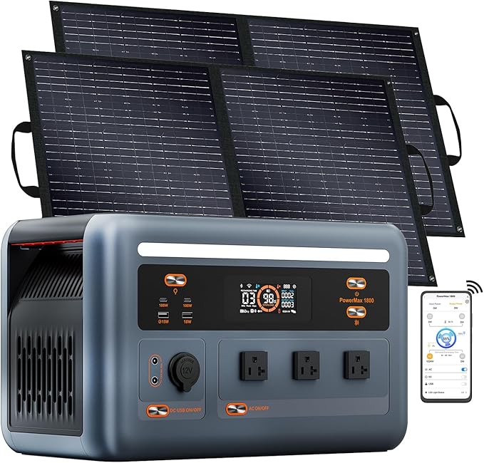 OSCAL 1800W Solar Generator with 2x100W Solar Panel PowerMax 1800SE, 1024Wh LiFePO4 Battery Generator with 3 AC Outlets (3600W Surge), 800W AC Charging, APP Control Power Station for Home Backup