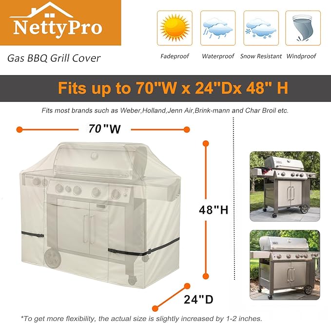 NettyPro Grill Cover for Outdoor Grill 70 inch Waterproof Heavy Duty Gas BBQ Grill Cover for Outside Weber, Char-Broil, Brinkmann, Jenn Air, Nexgrill 3-5 Burners Barbecue, Beige