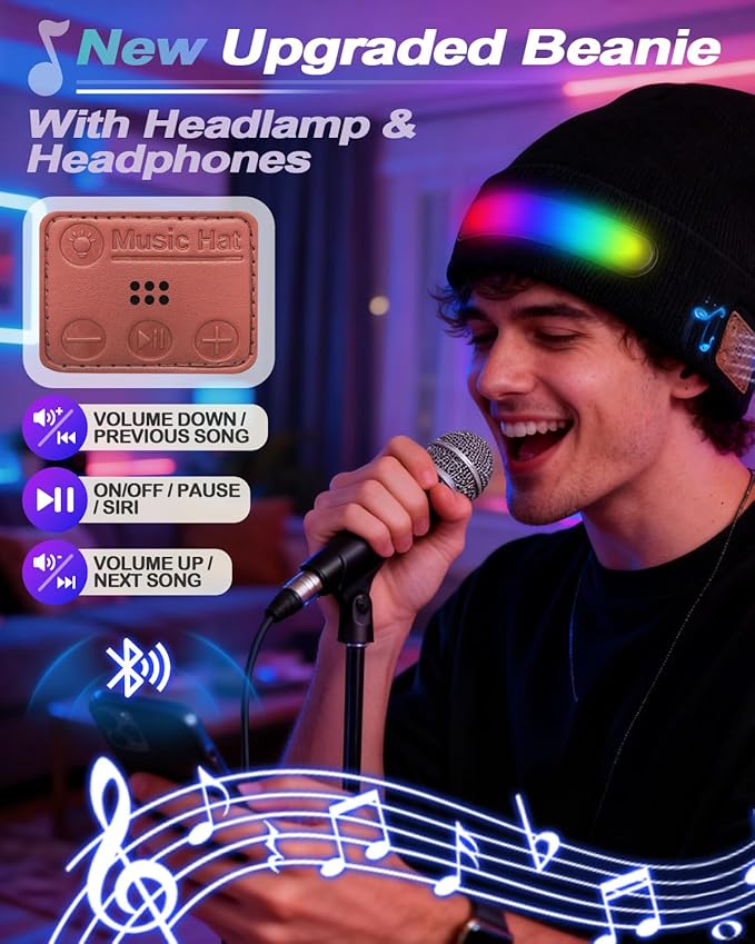 Bluetooth Beanie with Light, USB Rechargeable LED Headlamp Winter Hat, Men Women Valentine's Day Gifts