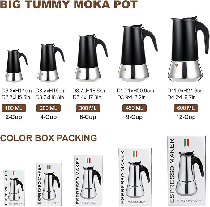 2 Cup Stovetop Espresso Maker Stainless Steel Moka Pot Stove Top Percolator Italian Coffee Makers Capable Mocha Greca Machine Cafe Classic Induction Cookers for Home and Camping 100ml 3.3oz