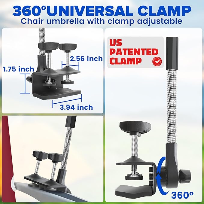 2PACK 48.7inch Umbrella for Beach Chair, 360°Adjustable 50+ UV Protection Large Camping Chair Umbrella with Universal Clip for Glof Cart, Garden Table, Bleacher（Chair,Table not include）