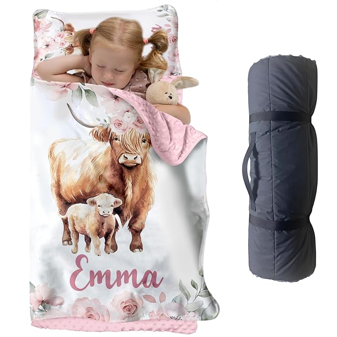 Custom Toddler Nap Mat for Preschool, Personalized Name Highland Cow Design Kids Sleeping Bag for Daycare, Roll Up Sleeping Mat with Removable Pillow and Soft Dot Minky Blanke for Girls Camping