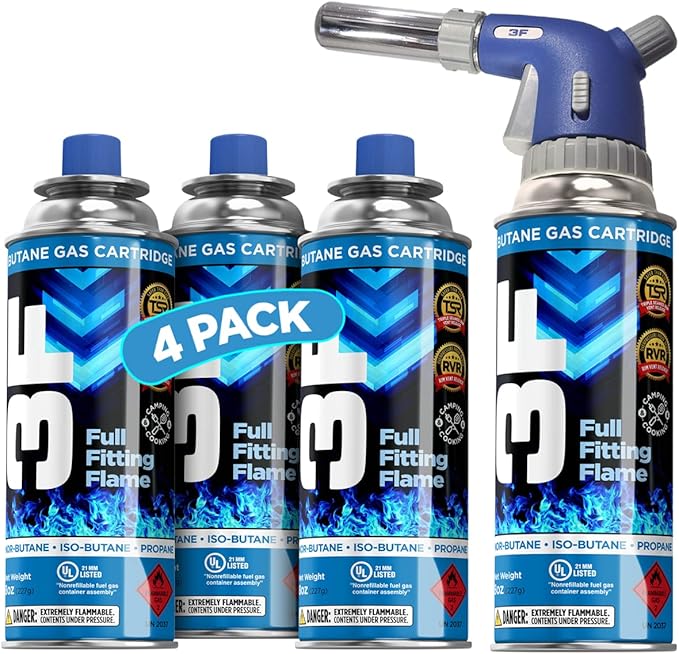 3F Culinary Professional Torch + 4 Butane Canisters Included Cooking Torch Baking Searing Campfires Charcoal Grills Camping Butane Fuel