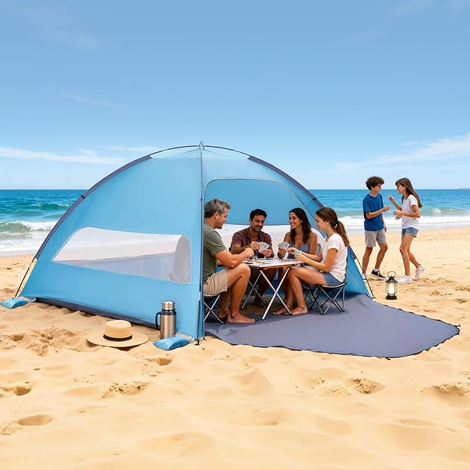 VEVOR Beach Tent Sun Shelter for 6 Person, UPF 50+ Protection, Portable Sun Shade Beach with Carrying Bag & Sand Pockets, Lightweight and Easy Setup Beach Umbrella for Camping Fishing Outdoor Picnic