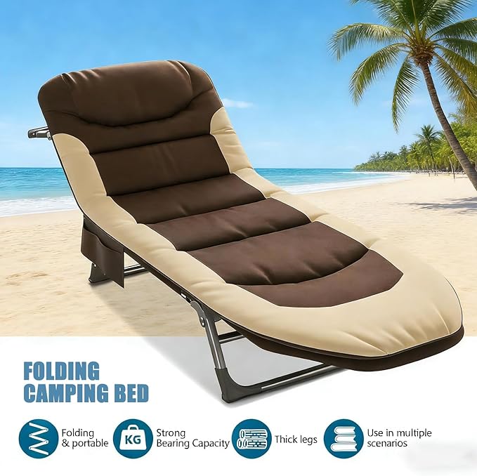 Folding Camping Cot for Adults with Adjustable Backrest & Pillow, Portable Lounge Chair Bed, 6-Position Recliner, Waterproof Outdoor Cot Supports 450lbs, Includes Side Pocket (Brown)