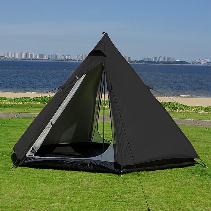 Large Space Pyramid Tipi Tent Ultralight Family Camping Tent Windproof Outdoor Teepee Tent for Adults 4 Person Double Layer Tents, Black