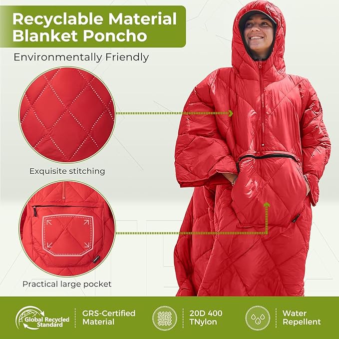ATEPA Wearable Sleeping Bag, Recycled Warm Winter Camping Blanket Wearable Poncho for Outdoor, Stadium Sports Women Men