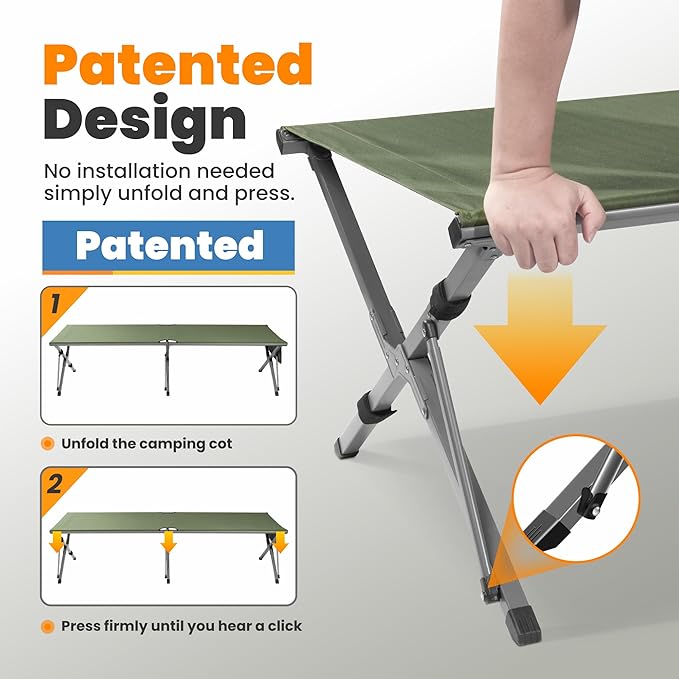 Oversized Camping Cot for Adults - Non-Assemble Folding Camping Bed Extra Wide for Outdoor, Support up to 6.9ft or 450lbs, with Storager Bag, 82” L x 32” W(Green)