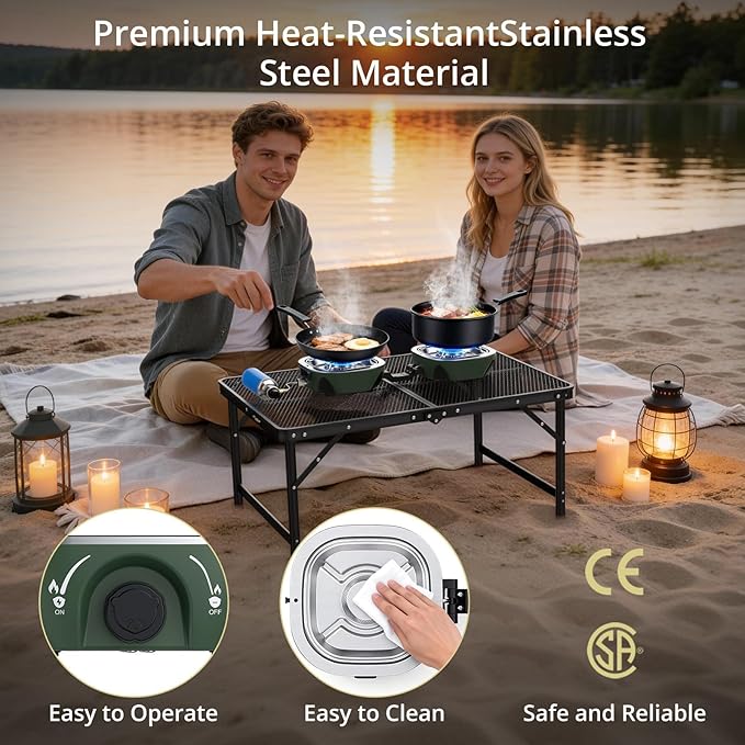 Anbte 20,000 BTU 2-Burner Propane Foldable Camping Stove, Portable Camping Stove with Adjustable Burners 20.6" Wide Spacing & Complete Kit, for Cooking, Car Camping, Beach, RV, Tailgating Essentials