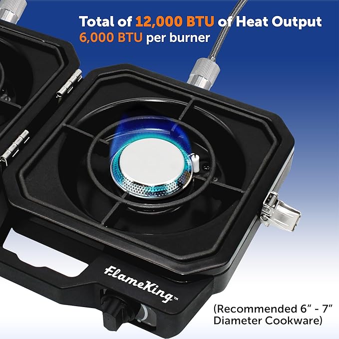 Flame King CampactCooker, Dual Burner Propane Camping Stove with Detachable Grill, Portable Foldable Cooking Stove 12,000 BTU, for Camping, Patio, Emergency, Hiking (Black)