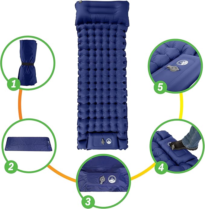 Sleeping Pad for Camping - Inflatable Mat with Built-in Foot Pump - Waterproof Camp Mattress - Camping Gear Must Haves by Wakeman Outdoors (Blue)