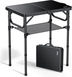 Anbte 2ft Folding Camping Table with Storage Net, 3 Adjustable Heights Small Folding Table Lightweight & Portable with Carry Handle, for Camping, Fishing, Picnic, Beach, Outdoor, 22.8" x 15.7", Black