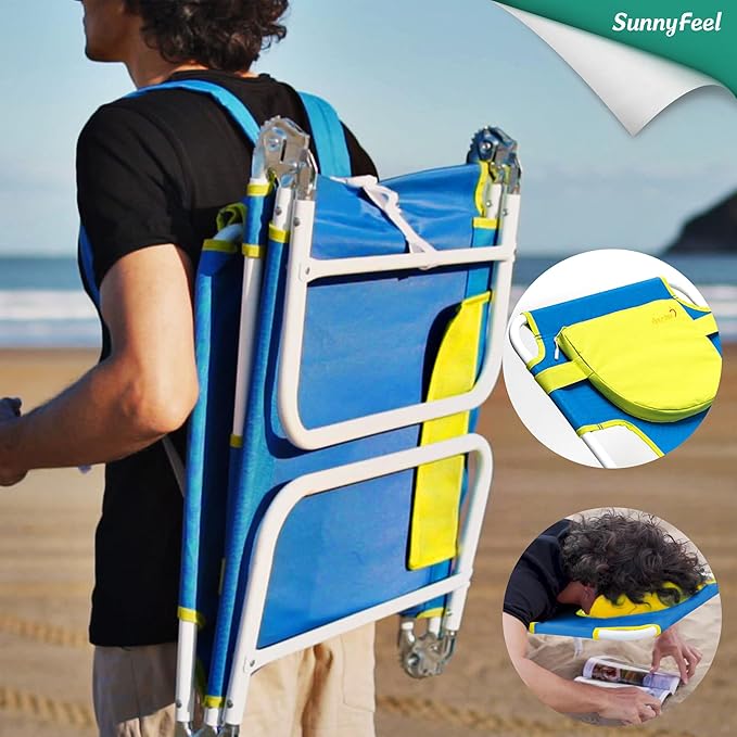 SUNNYFEEL Beach Lounge Chair, Backpack Reclining Beach Chairs Lay Flat, Sun Face Down Tanning Chair, Folding Camping Chairs Portable Camp Cot with Backpack Straps for Outdoor/Picnic/Lawn