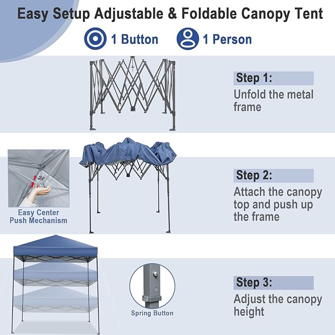 Tangkula 6.6x6.6 Ft Pop Up Canopy, 1 Person Instant Setup Canopy Tent with Center Lock, UPF 50+ Sun Protection, 8 Stakes, 4 Ropes, Portable Outdoor Canopy with Carrying Bag