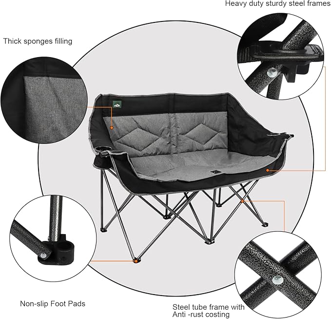 Northroad Folding Loveseat Camping Chair Portable Double Duo Full Padded Garden Chair for 2 Person Sofa w/ 2 Cup Holder,Wine Glass Holder,Mesh Storage,Support 500lbs for Picnic Beach Travel