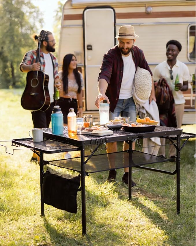 3ft Folding Camping Table with Wing Panels, Adjustable Height Metal Grill Prep Table with Storage Net, Paper Towel Holder, Hooks, Trash Bag Rack for BBQ, RV, Picnic, Portable Grill