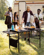 3ft Folding Camping Table with Wing Panels, Adjustable Height Metal Grill Prep Table with Storage Net, Paper Towel Holder, Hooks, Trash Bag Rack for BBQ, RV, Picnic, Portable Grill