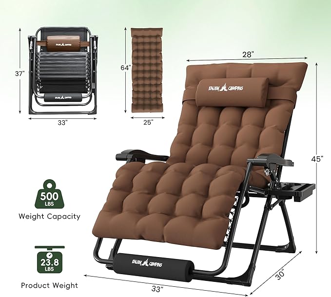 Amopatio Oversized Zero Gravity Chair, 33''W Reclining Camping Lounge Chair Upgraded Lock and Footrest, Cup Holder, Removable Cushion & Headrest Folding Patio Recliner for Relexing