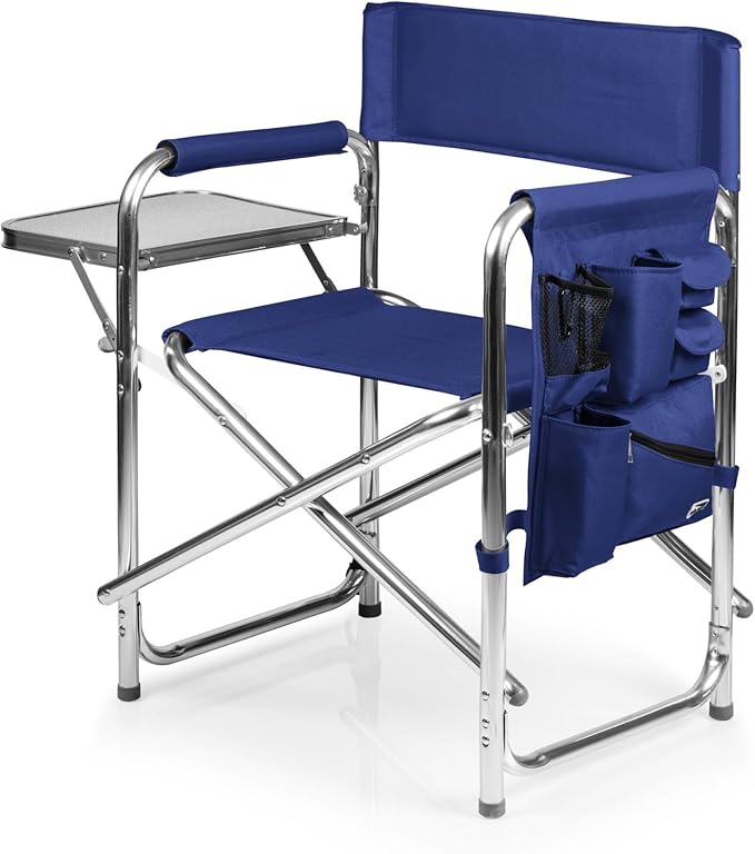 PICNIC TIME Sports Chair with Side Table and Armrest Caddy, Lightweight Aluminum Folding Outdoor Camping Chair for Adults, Portable Director Style Lawn Seating with Pockets & Carry Strap, (Navy Blue)