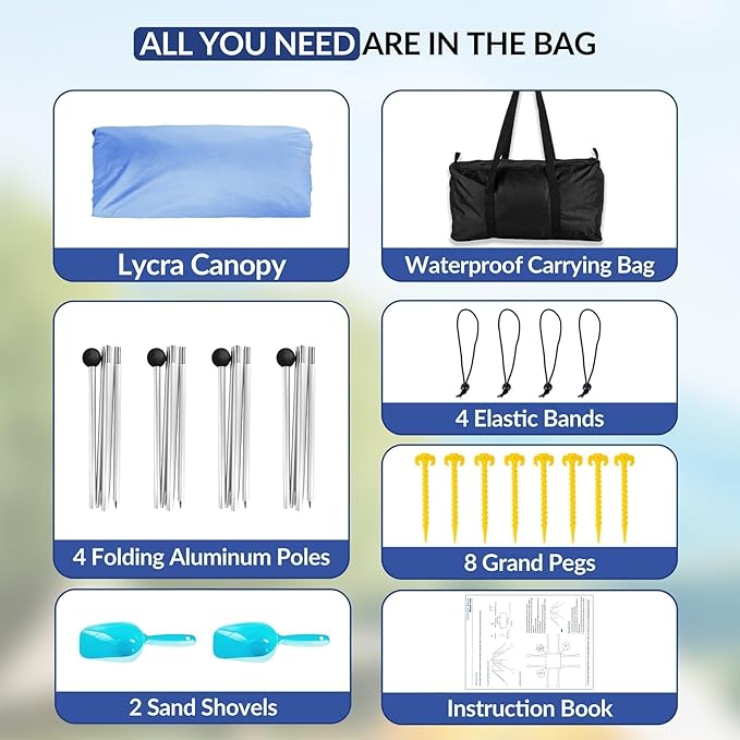 Gardentime Beach Tent Canopy with 8 Sandbags 4 Aluminum Poles, Pop Up Portable Camping Sun Shelter, Easy Set Up with 2 Sand Shovel, Ground Pegs, Carrying Bag for Outdoor Beach,Picnic, Fishing