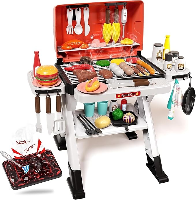 Kids BBQ Grill Playset 60Pcs with Real Steam, Sound & Light - Interactive Pretend Play Kitchen Cooking Toy for Boys Girls Ages 4-8 - Indoor Outdoor Backyard Barbecue Camping Set Birthday Gifts