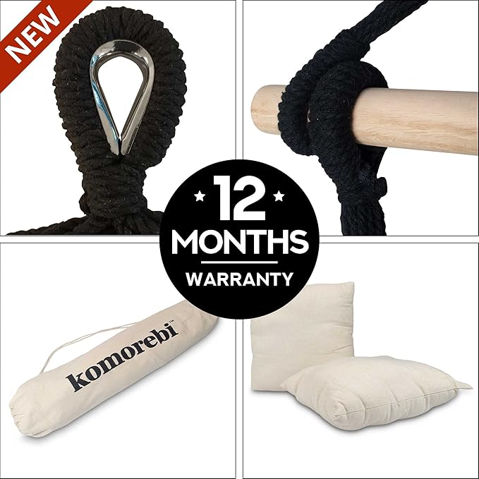 KOMOREBI Hammock Chair - Ivory Black - 60" x 47" - Hanging Rope Swing for Indoor & Outdoor - Soft & Durable Cotton Canvas - 2 Cushions Included - Large Macrame Hanging Chair for Bedroom, Patio, Porch