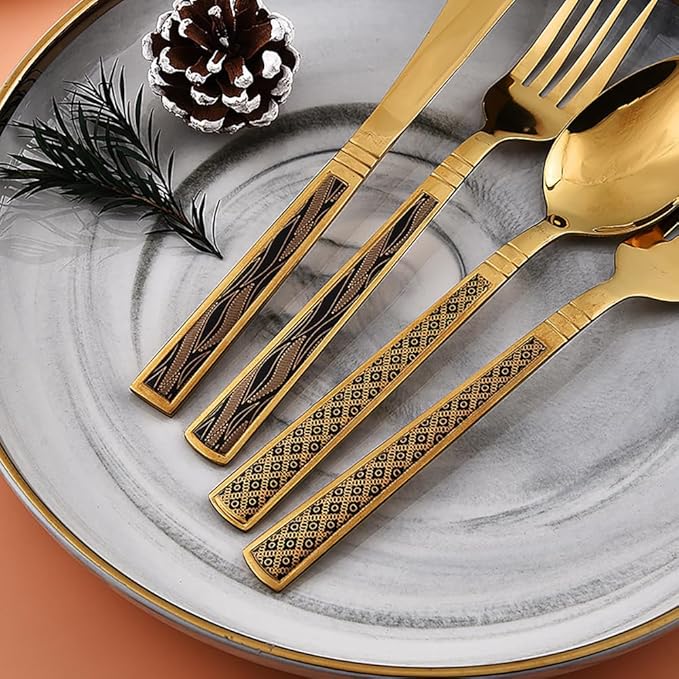 Gold Carved Handle Kitchen Utensils Set for 16 Personer Silverware Set Spoons and Forks Set Flatware Set Mirror Effect Cutlery, Integral Molding for Daily Household Use & Camping, 64-Pcs
