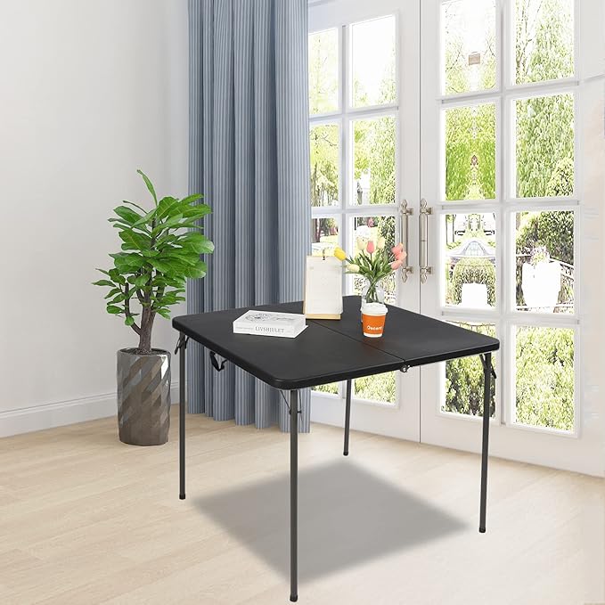 REDCAMP 34" Square Folding Card Table with Resin Top, Portable Fold in Half Small Card Tables with Collapsible Legs for Adults Indoor Outdoor Use, Black