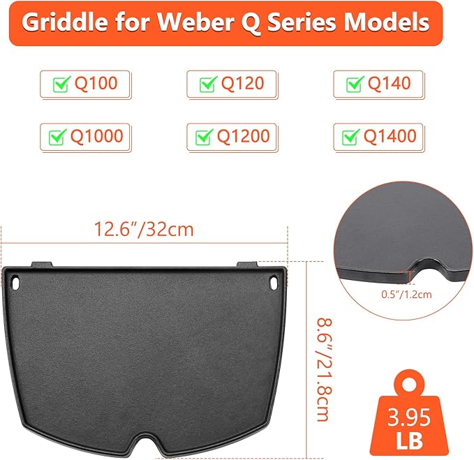 Q1200 Q1000 Griddle Replacement Parts for Weber Q1400, Q100, Q120, Q140 Series Gas Grills, 6558 Cast Iron Cooking Griddle Plate for Q100/1000 Series Gas Grills Accessories, 12.6 x 8.6 Inches