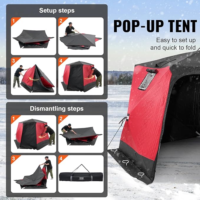 VEVOR Portable Pop-Up Tent, 1-8 Person Insulated Shelter, Large Fishing Area, Hub-Style Shanty for Winter Fishing, Waterproof Oxford Ice Cube with Anchors/Ropes/Carrying Bag