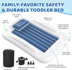 Inflatable Toddler Travel Bed - 60 Inches Portable Toddler Bed for Travel with Safety Sides - Cozy Kids Air Mattress Set with Built-in Electric Pump & Carry Case- Easy to Inflate - Sea Blue