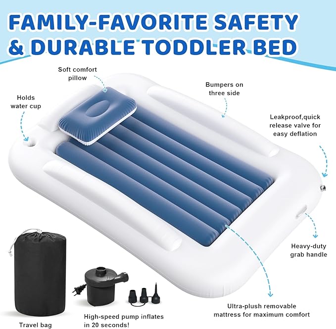 Inflatable Toddler Travel Bed - 60 Inches Portable Toddler Bed for Travel with Safety Sides - Cozy Kids Air Mattress Set with Built-in Electric Pump & Carry Case- Easy to Inflate - Sea Blue