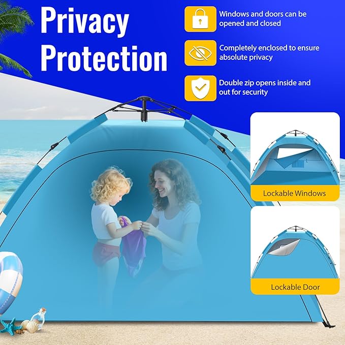 Beach Tent Sun Shade for 4-5 Person, Two Doors Large Pop Up Beach Tents for Adults and Kids, Portable Automatic Instant Sun Shelter Canopy Tent UV 50+, Ideal for Garden, Fishing, Picnic