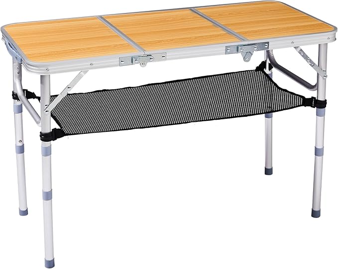 Tri-fold Folding Picnic Table,Outdoor Camping Table Lightweight Portable Aluminum Outdoor Table with Adjustable Heights with Carry Handle,for Outdoor Indoor Hiking Camp BBQ Beach (Wooden, 3ft)
