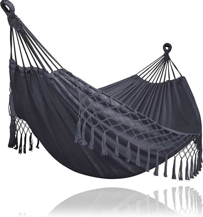 SUNCREAT Hammocks Outdoor Camping Double Hammock with Tassel, Fabric Hammock for Backyard, Dark Gray