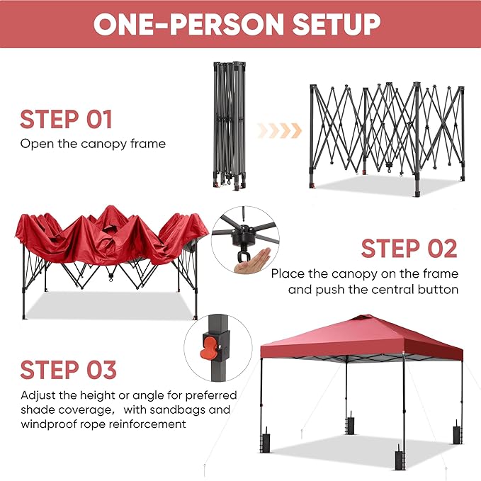 GDY 12x12 Pop Up Canopy Patio Carpas, One Push Set up with Central Lock Canopy with Wheeled Carry Bag, Included 4 Sandbaogs,8 Stakes and 4 Ropes, Red
