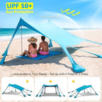 Beach Tent Sun Shelter - 10x10FT Beach Shade Canopy UPF50+ Protection Easy Setup, with 8 Sandbags, 4 Stability Poles, Sand Shovel, Ground Spikes, Outdoor Shade for Sand, Camping, Fishing